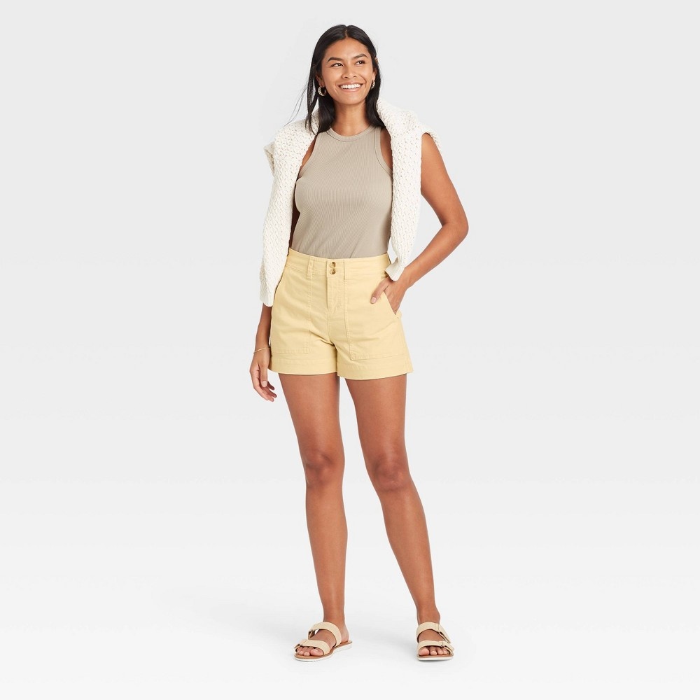 slide 3 of 3, Women's High-Rise Utility Pocket Shorts - A New Day Light Yellow 16, 1 ct