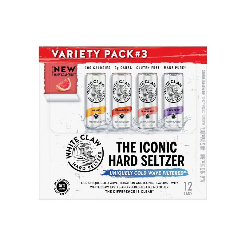 slide 3 of 6, White Claw Hard Seltzer Variety Pack #3 - 12pk/12 fl oz Cans, 3 x 12 ct, 12 fl oz