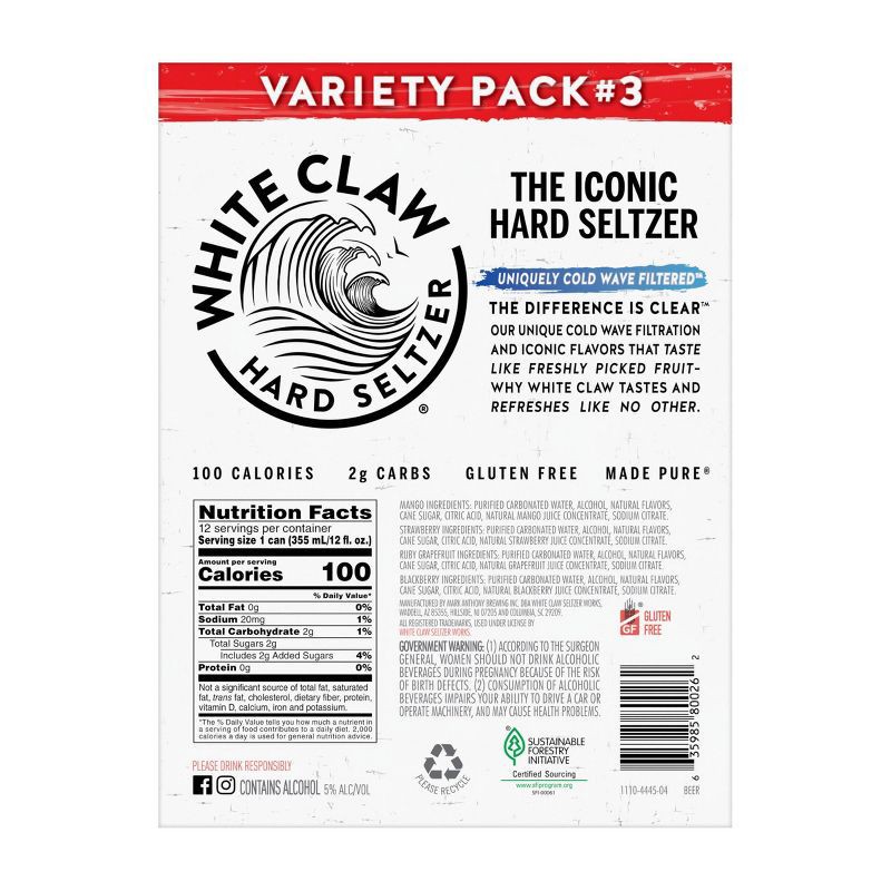 slide 6 of 6, White Claw Hard Seltzer Variety Pack #3 - 12pk/12 fl oz Cans, 3 x 12 ct, 12 fl oz