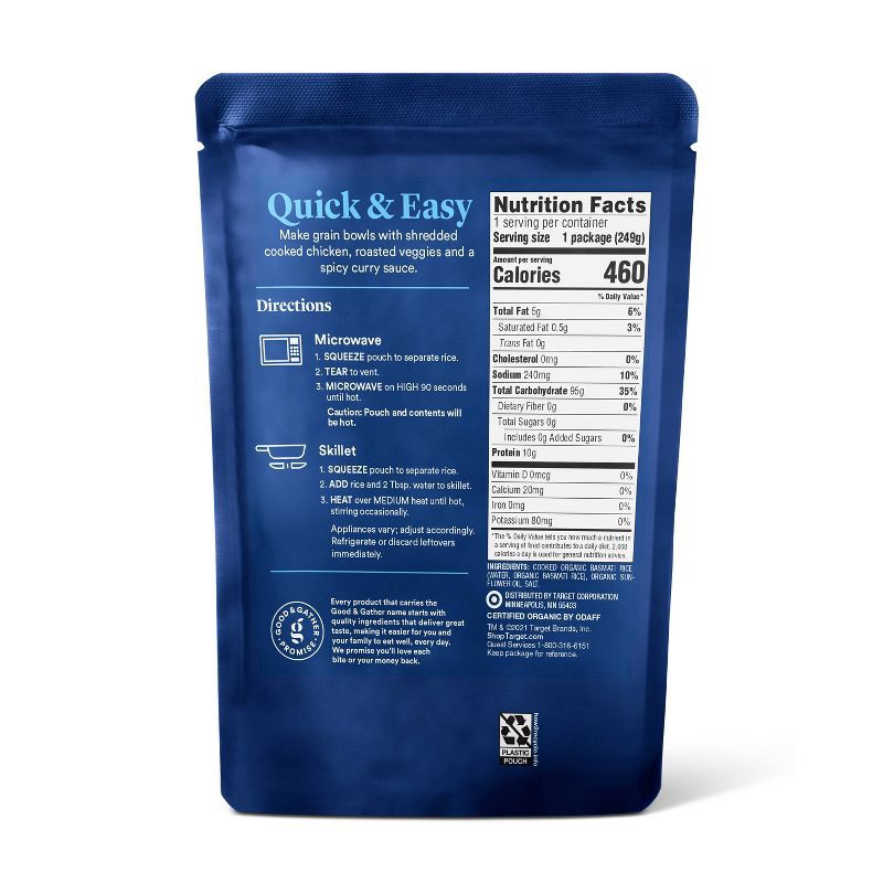 slide 3 of 4, 90 Second Organic Basmati Rice Microwavable Pouch - 8.8oz - Good & Gather™, 8.8 oz