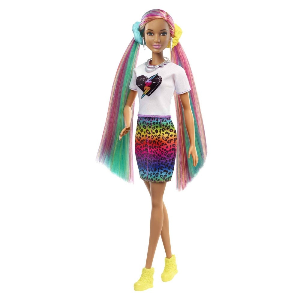 slide 4 of 6, Barbie Leopard Rainbow Hair Doll - Silver Top, 1 ct