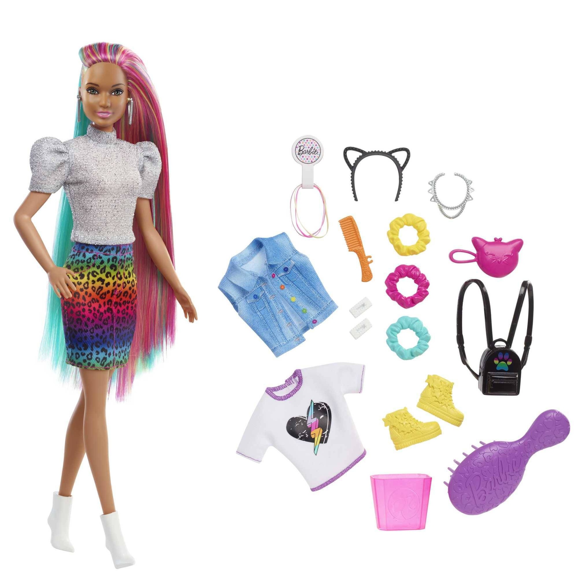 slide 1 of 6, Barbie Leopard Rainbow Hair Doll - Silver Top, 1 ct