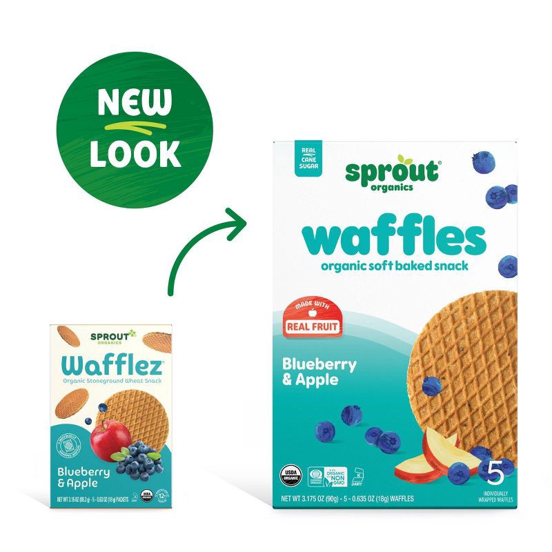 slide 3 of 6, Sprout Organics Soft Baked Waffles for Toddlers - Blueberry + Apple - 5ct, 5 ct