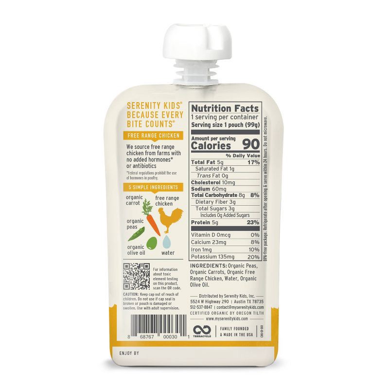 slide 3 of 8, Serenity Kids Free Range Chicken with Organic Peas & Carrots Baby Food Pouch - 3.5oz, 3.5 oz