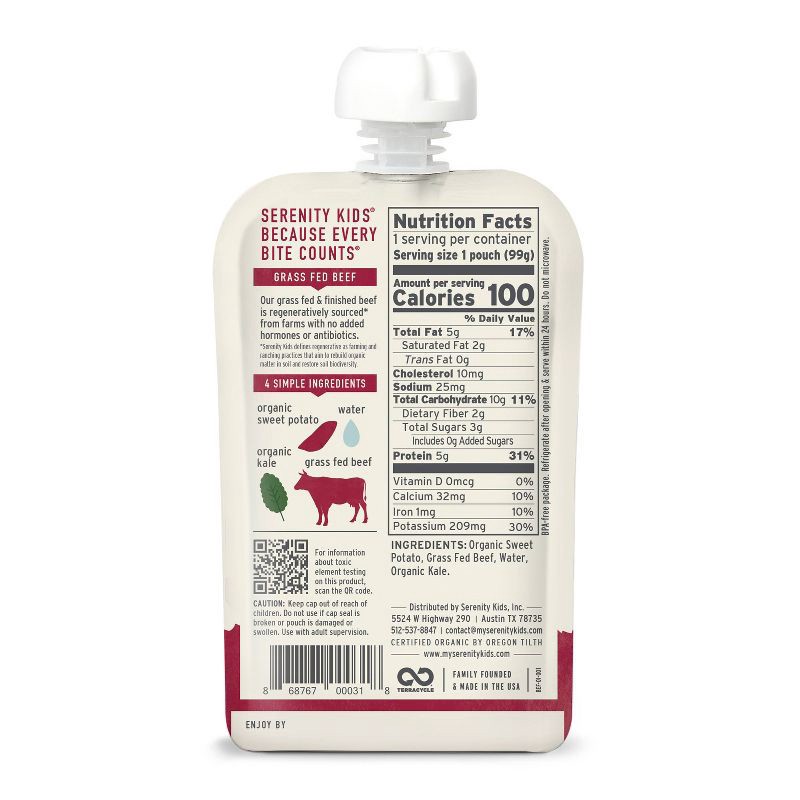 slide 3 of 8, Serenity Kids Grass Fed Beef with Organic Kale & Sweet Potato Baby Food Pouch - 3.5oz, 3.5 oz
