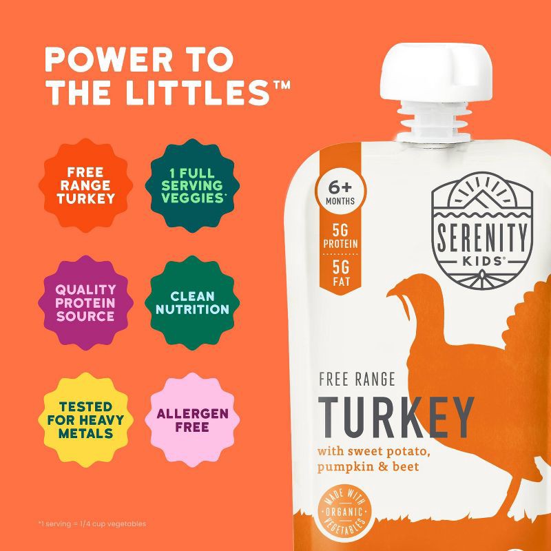 slide 2 of 9, Serenity Kids Free Range Turkey with Organic Sweet Potato, Pumpkin & Beet Baby Food Pouch - 3.5oz, 3.5 oz