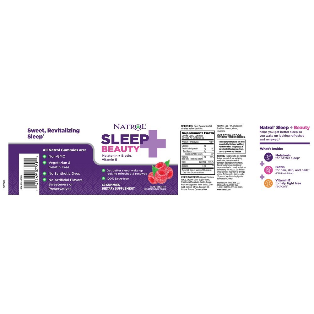 slide 5 of 6, Natrol Sleep + Beauty Sleep Aid Gummies - Raspberry - 60ct, 60 ct