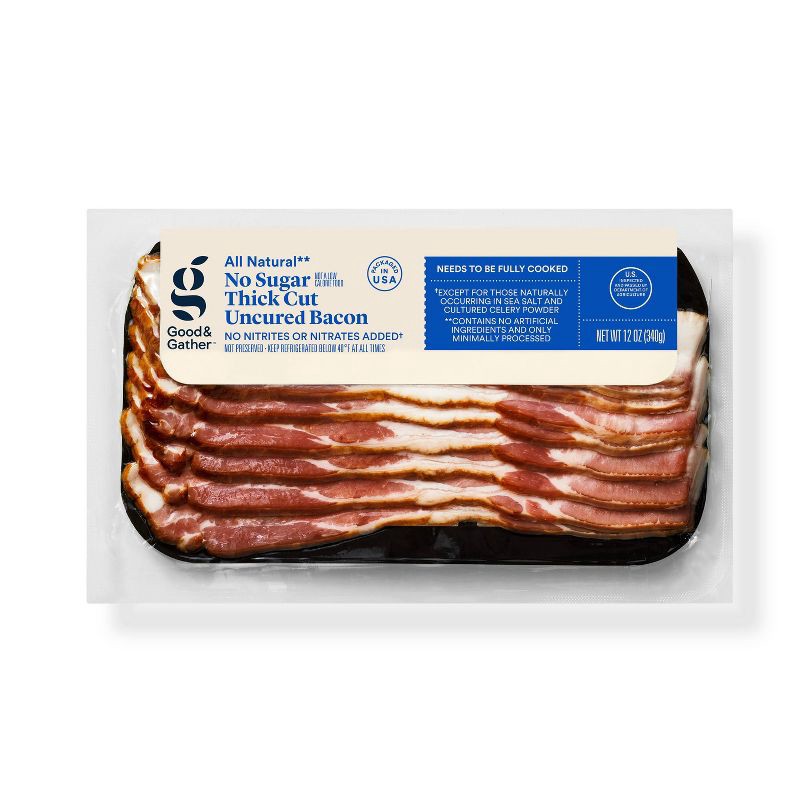 slide 1 of 4, Uncured No Sugar Thick Cut Bacon - 12oz - Good & Gather™, 12 oz