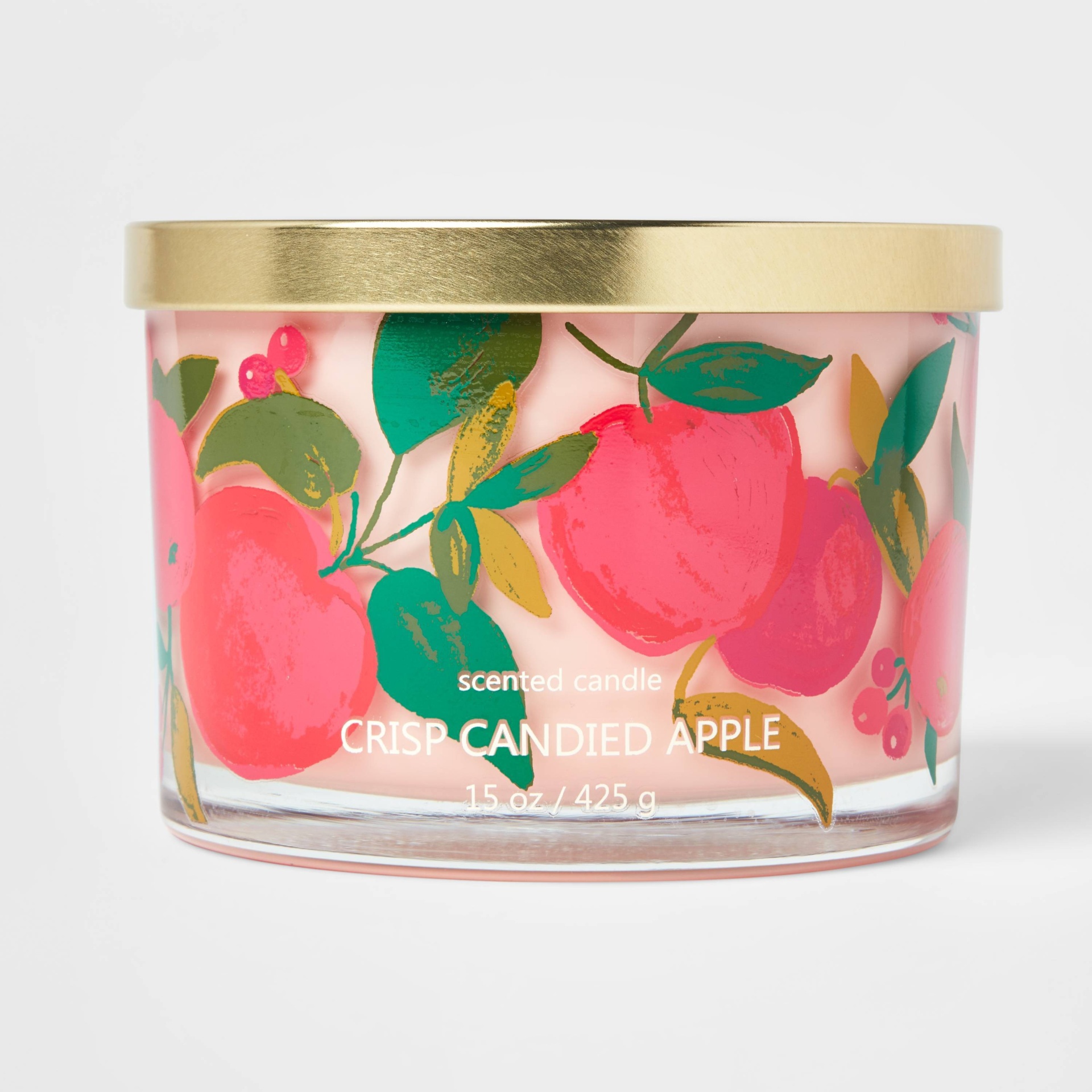 slide 1 of 4, Lidded Glass Jar Apple Print 3-Wick Crisp Candied Apple Candle - Opalhouse, 15 oz