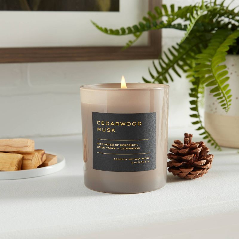slide 2 of 3, 8oz Lidded Glass Jar Black Label Cedarwood Musk Candle - Threshold™: Soy & Coconut Blend, 30hr Burn Time, 8 oz