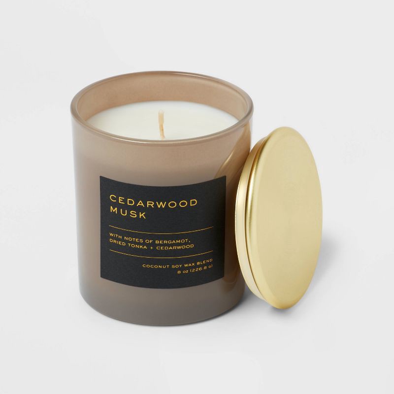 slide 3 of 3, 8oz Lidded Glass Jar Black Label Cedarwood Musk Candle - Threshold™: Soy & Coconut Blend, 30hr Burn Time, 8 oz