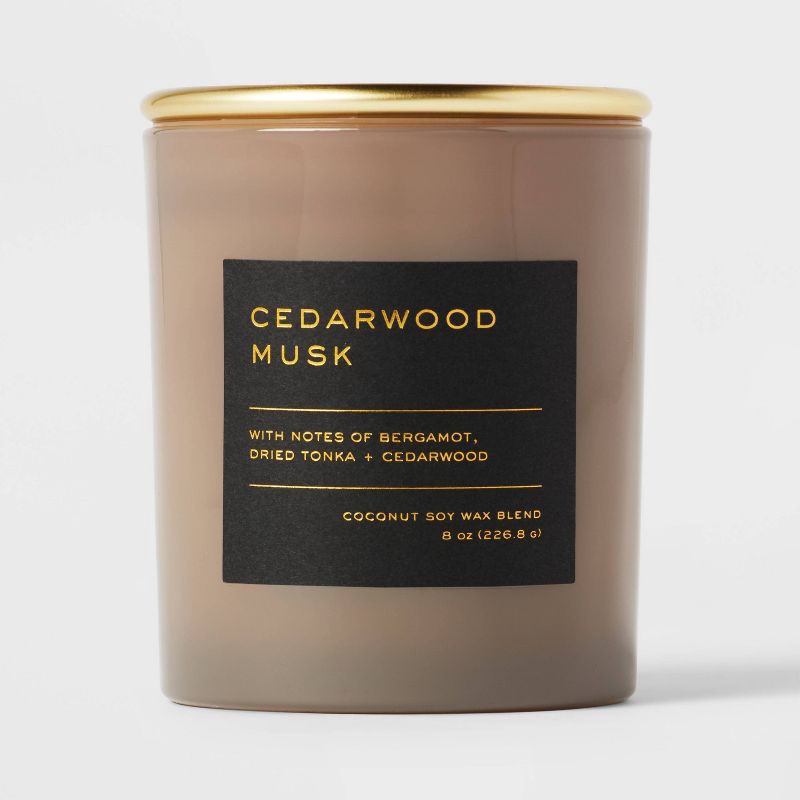 slide 1 of 3, 8oz Lidded Glass Jar Black Label Cedarwood Musk Candle - Threshold™: Soy & Coconut Blend, 30hr Burn Time, 8 oz