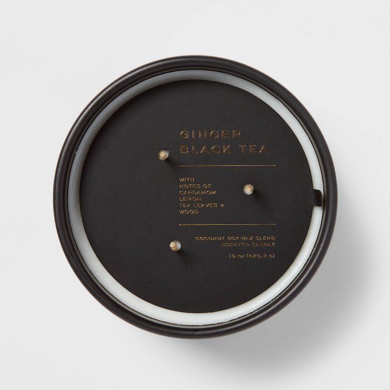 slide 4 of 4, 15oz Ceramic Jar 3-Wick Black Label Ginger Black Tea Candle - Threshold™: Soy & Coconut Wax Blend, 20hr Burn Time, 15 oz