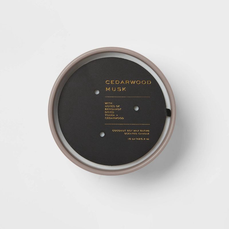 slide 4 of 4, 15oz Ceramic Jar 3-Wick Black Label Cedarwood Musk Candle - Threshold™: Soy & Coconut Oil Blend, 20hr Burn Time, 15 oz