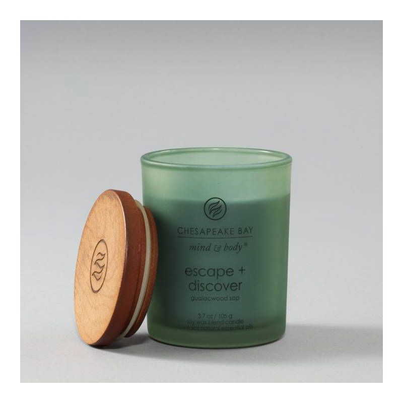 slide 3 of 5, Frosted Glass Escape + Discover Lidded Jar Candle 3.7oz: Soy Blend, Essential Oils - Mind & Body by Chesapeake Bay Candle, 3.7 oz