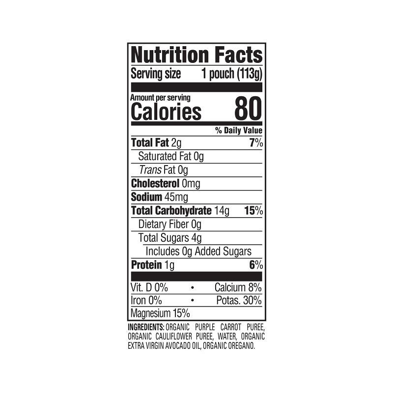 slide 8 of 8, Happy Baby Organic Purple Carrots & Cauliflower with Avocado Oil & Oregano Baby Food Pouch - 4oz, 4 oz