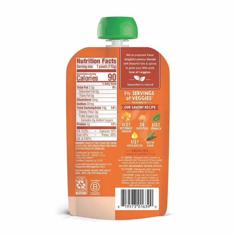 slide 2 of 6, Happy Baby HappyBaby Organics Stage 2 Squash Chickpeas and Spinach with Avocado Oil & Sage Baby Food Pouch - 4oz, 4 oz