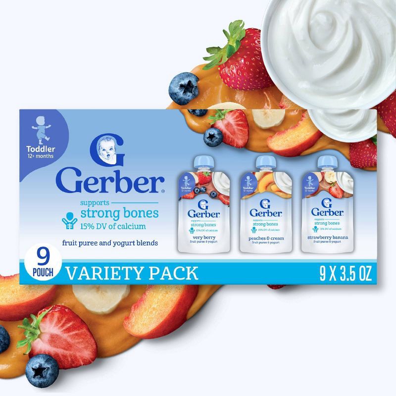 slide 2 of 10, Gerber Baby Food Fruit & Yogurt Puree Toddler Food Pouch Variety Pack - 1.96oz/9pk Each​, 1.96 oz, 9 ct