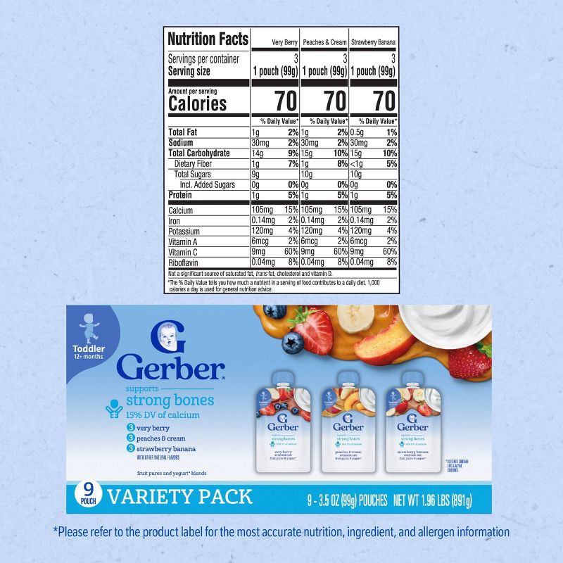 slide 7 of 10, Gerber Baby Food Fruit & Yogurt Puree Toddler Food Pouch Variety Pack - 1.96oz/9pk Each​, 1.96 oz, 9 ct