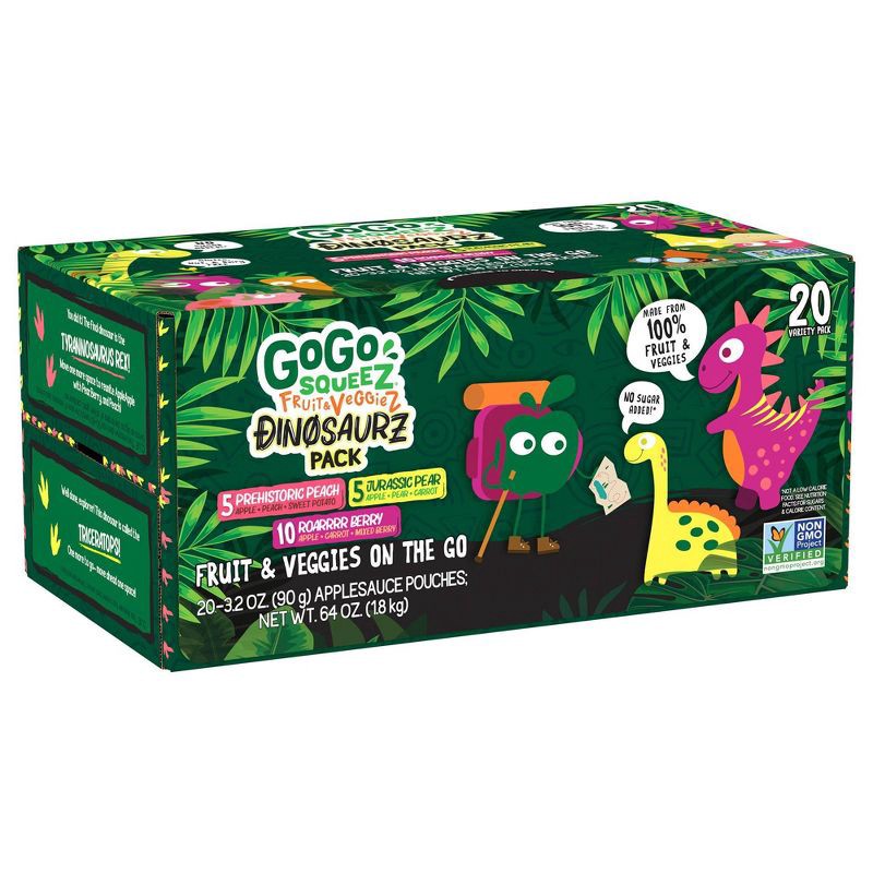 slide 2 of 10, GoGo SqueeZ Fruit & VeggieZ Dino Variety Pack - 3.2oz/20ct, 3.2 oz, 20 ct