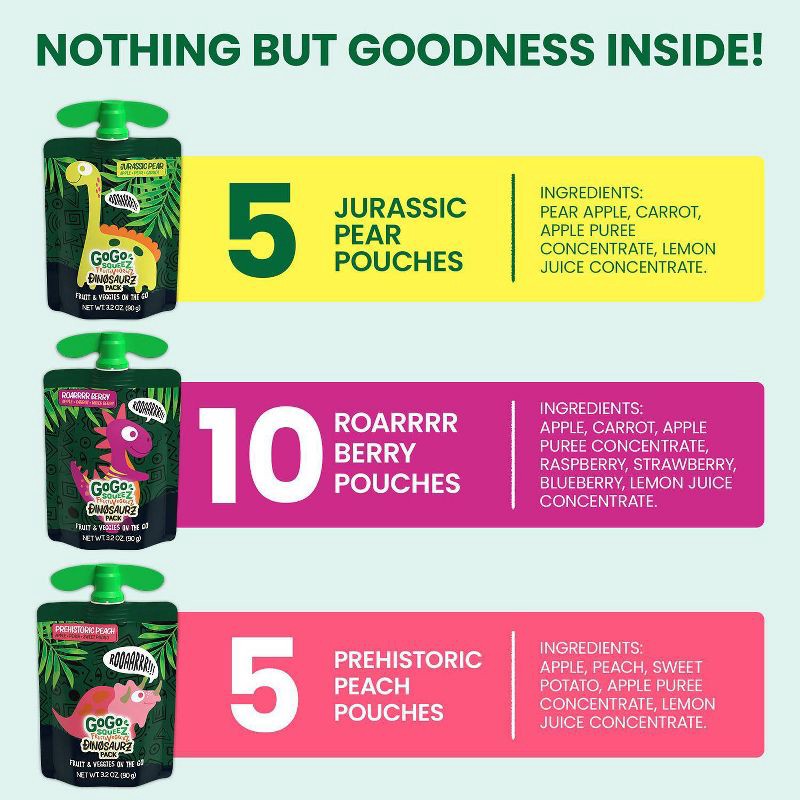 slide 3 of 11, GoGo squeeZ Fruit & veggieZ Applesauce and Puree Variety Pack, Jurassic Pear, Roarrrr Berry & Prehistoric Peach - 3.2oz/20ct, 3.2 oz, 20 ct
