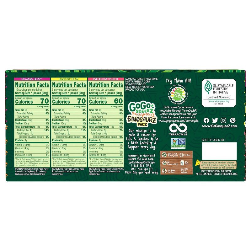 slide 2 of 11, GoGo squeeZ Fruit & veggieZ Applesauce and Puree Variety Pack, Jurassic Pear, Roarrrr Berry & Prehistoric Peach - 3.2oz/20ct, 3.2 oz, 20 ct