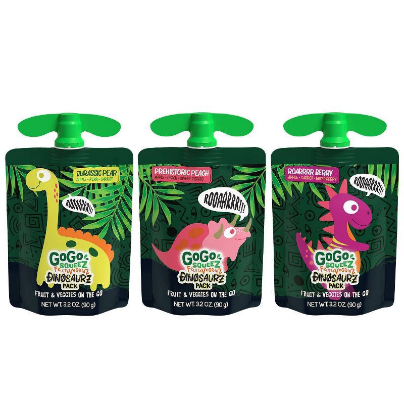 slide 6 of 11, GoGo squeeZ Fruit & veggieZ Applesauce and Puree Variety Pack, Jurassic Pear, Roarrrr Berry & Prehistoric Peach - 3.2oz/20ct, 3.2 oz, 20 ct