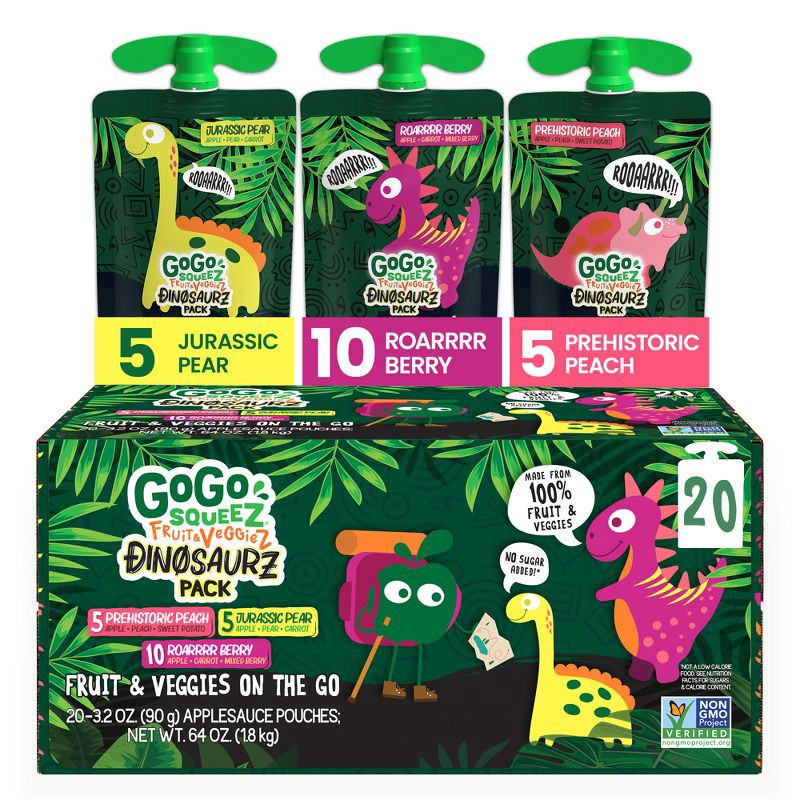 slide 1 of 11, GoGo squeeZ Fruit & veggieZ Applesauce and Puree Variety Pack, Jurassic Pear, Roarrrr Berry & Prehistoric Peach - 3.2oz/20ct, 3.2 oz, 20 ct