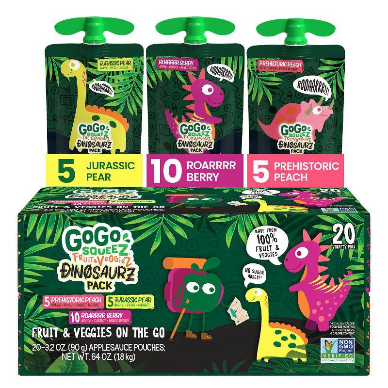 slide 1 of 10, GoGo SqueeZ Fruit & VeggieZ Dino Variety Pack - 3.2oz/20ct, 3.2 oz, 20 ct