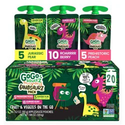 GoGo SqueeZ Fruit & VeggieZ No Sugar Added Applesauce and Puree Dino Jurassic Pear Roarrr Berry & Prehistoric Peach Variety Pack - 3.2oz/20ct
