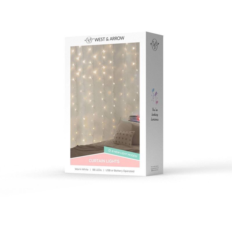 slide 3 of 3, 5'x4.6' LED Curtain String Lights Warm White - West & Arrow: Indoor Twinkling Miniature Decor, USB or Battery Powered, 1 ct
