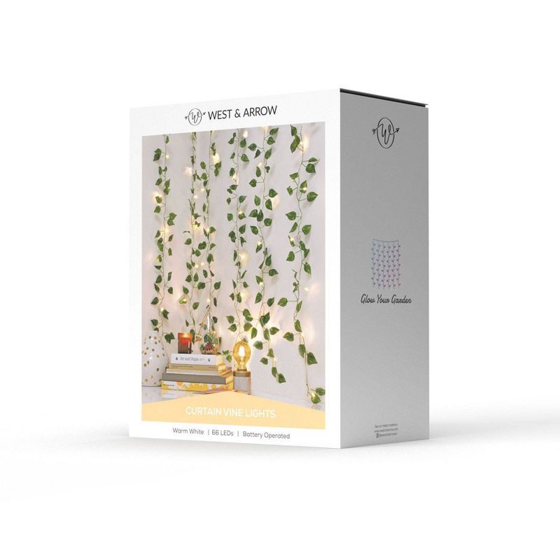 slide 3 of 3, 5' x 3.5' LED Vine Curtain String Lights Warm White - West & Arrow: Indoor PVC Ivy Fairy Lights, Battery Operated, 1 ct