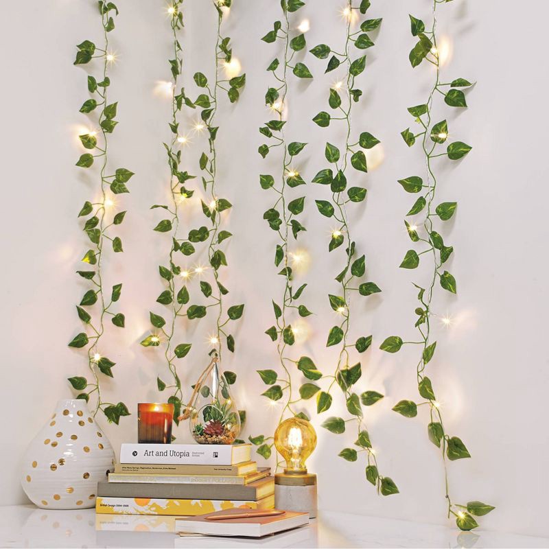 slide 1 of 3, 5' x 3.5' LED Vine Curtain String Lights Warm White - West & Arrow: Indoor PVC Ivy Fairy Lights, Battery Operated, 1 ct