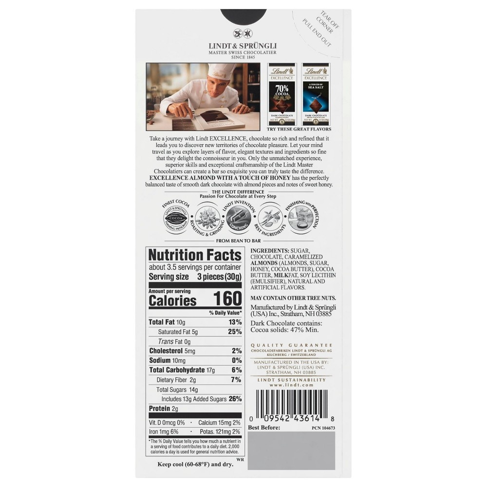 slide 4 of 4, Lindt Excellence Honey Almond Chocolate Bar - 3.5oz, 3.5 oz