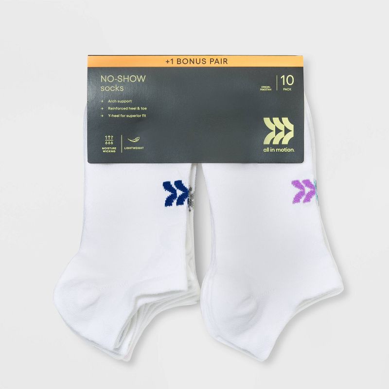 slide 2 of 3, Women's Lightweight 10+1 Bonus Pack No Show Athletic Socks - All In Motion™ White 4-10, 1 ct