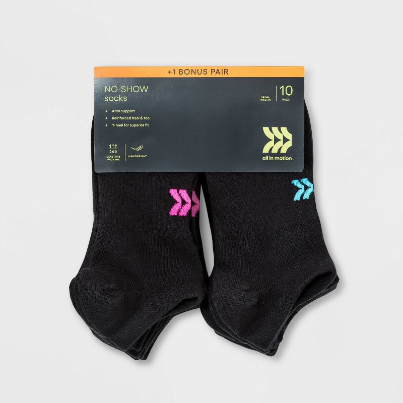 slide 2 of 3, Women's Lightweight 10+1 Bonus Pack No Show Athletic Socks - All In Motion™ Black 4-10, 1 ct