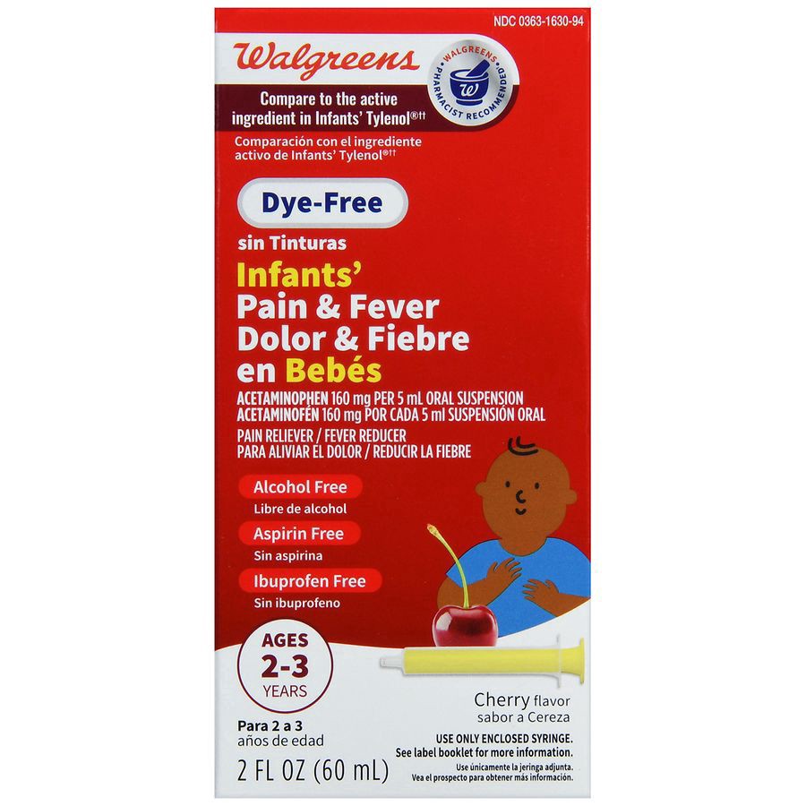 slide 3 of 5, Walgreens Infants' Pain & Fever, Acetaminophen 160 mg per 5 mL, Dye-Free Cherry, 2 fl oz