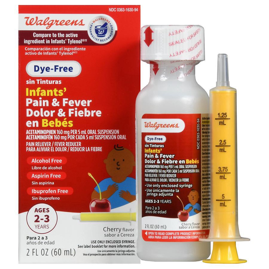 slide 1 of 5, Walgreens Infants' Pain & Fever, Acetaminophen 160 mg per 5 mL, Dye-Free Cherry, 2 fl oz