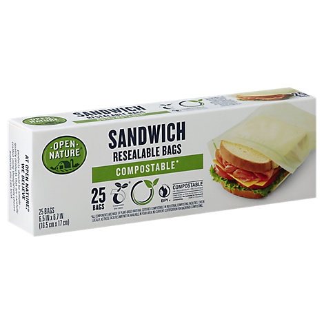 slide 1 of 1, Open Nature Bags Sandwich Resealable Compostable, 25 ct