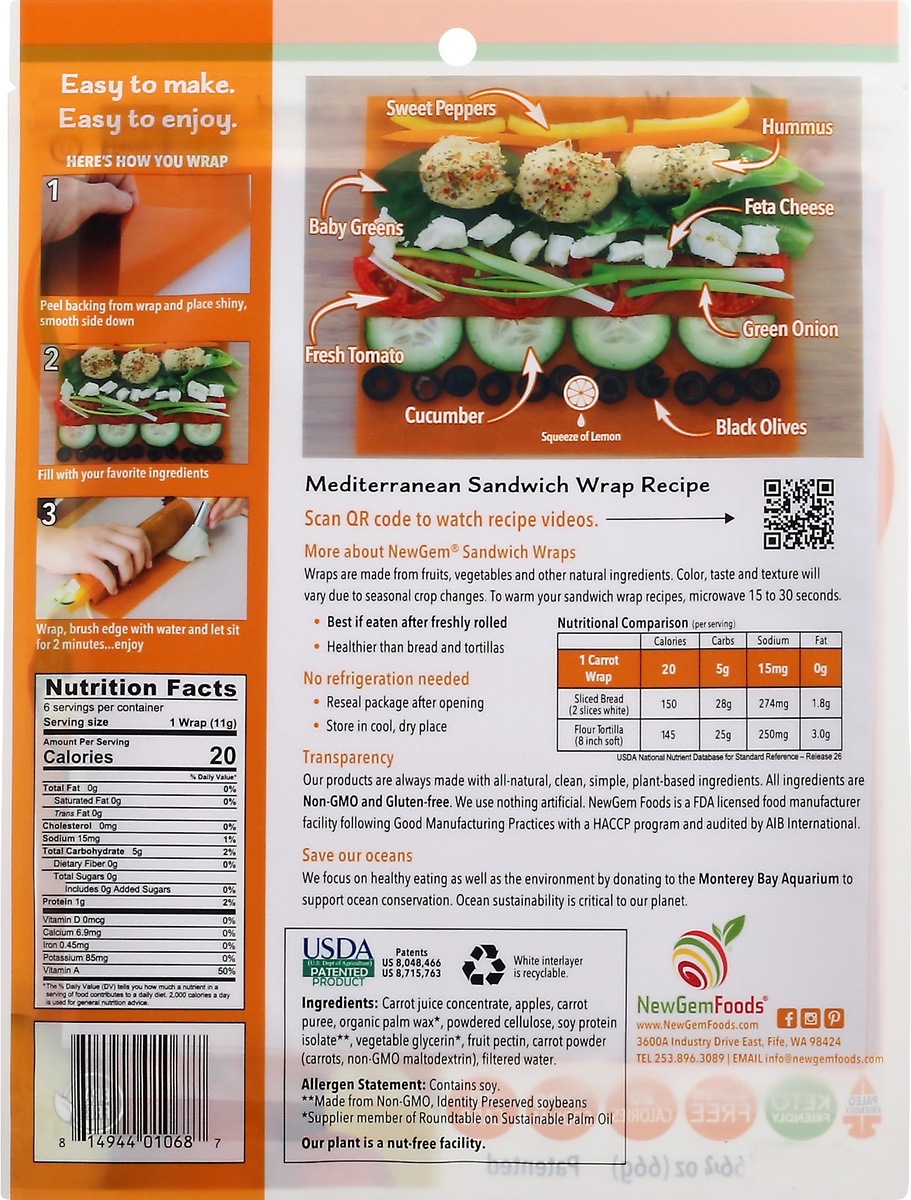 slide 4 of 9, NewGem Foods GemWraps, Carrot, 6 ct