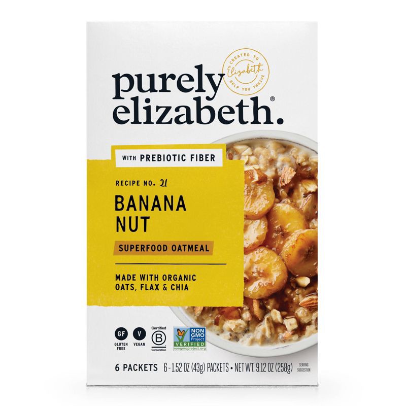 slide 1 of 3, purely elizabeth. Purely Elizabeth Banana Nut Plant Oatmeal Packets - 6ct / 9.12oz, 6 ct, 9.12 oz