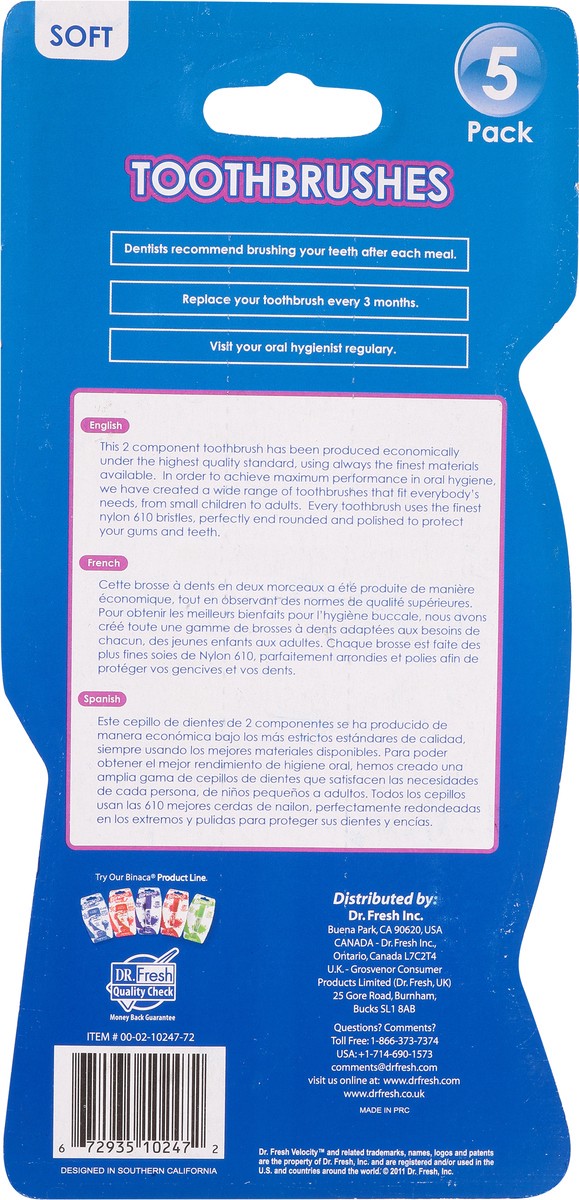 slide 5 of 9, Dr. Fresh Velocity Soft Toothbrushes 5 ea Blister Pack, 5 ct