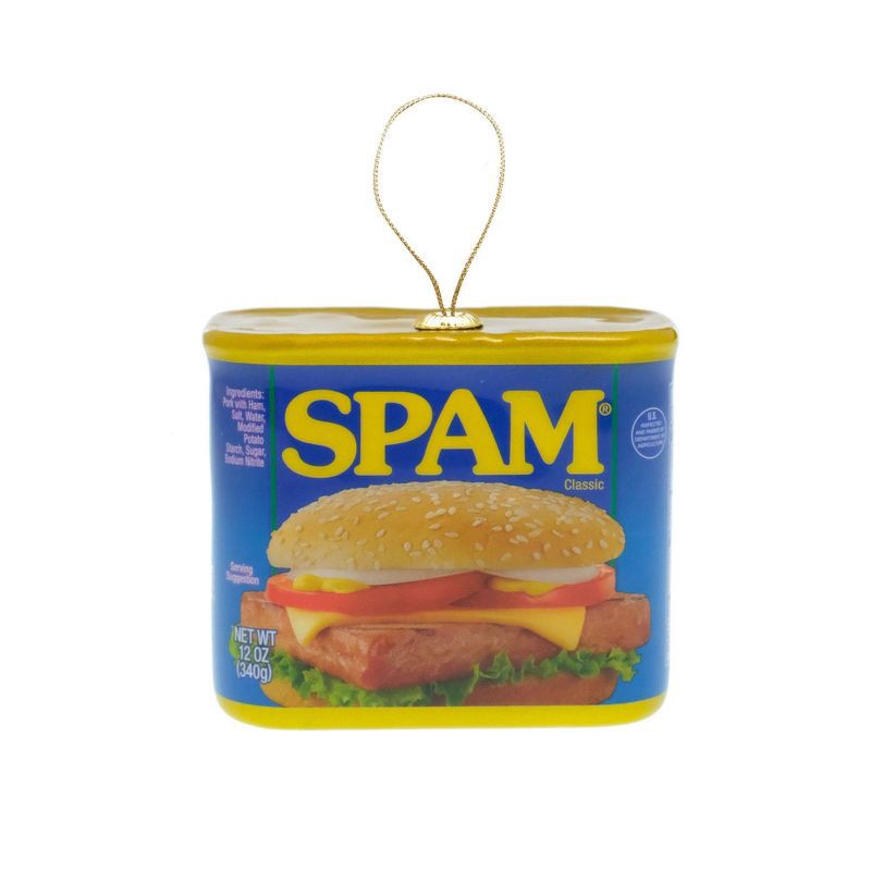 slide 1 of 3, SPAM Decoupage Christmas Tree Ornament: Durable, Lightweight, Indoor Decoration, 6" Height, 1 ct