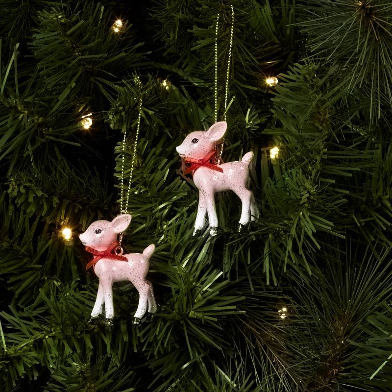 slide 2 of 3, 2ct Retro Small Deer Christmas Tree Ornament Set Pink - Wondershop™: Glitter Finish, Indoor Use: Glitter Finish, Indoor Use, 2 ct