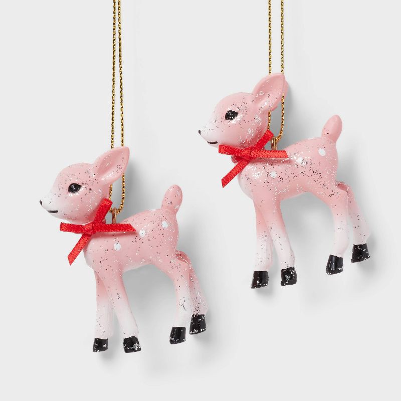 slide 1 of 3, 2ct Retro Small Deer Christmas Tree Ornament Set Pink - Wondershop™: Glitter Finish, Indoor Use: Glitter Finish, Indoor Use, 2 ct
