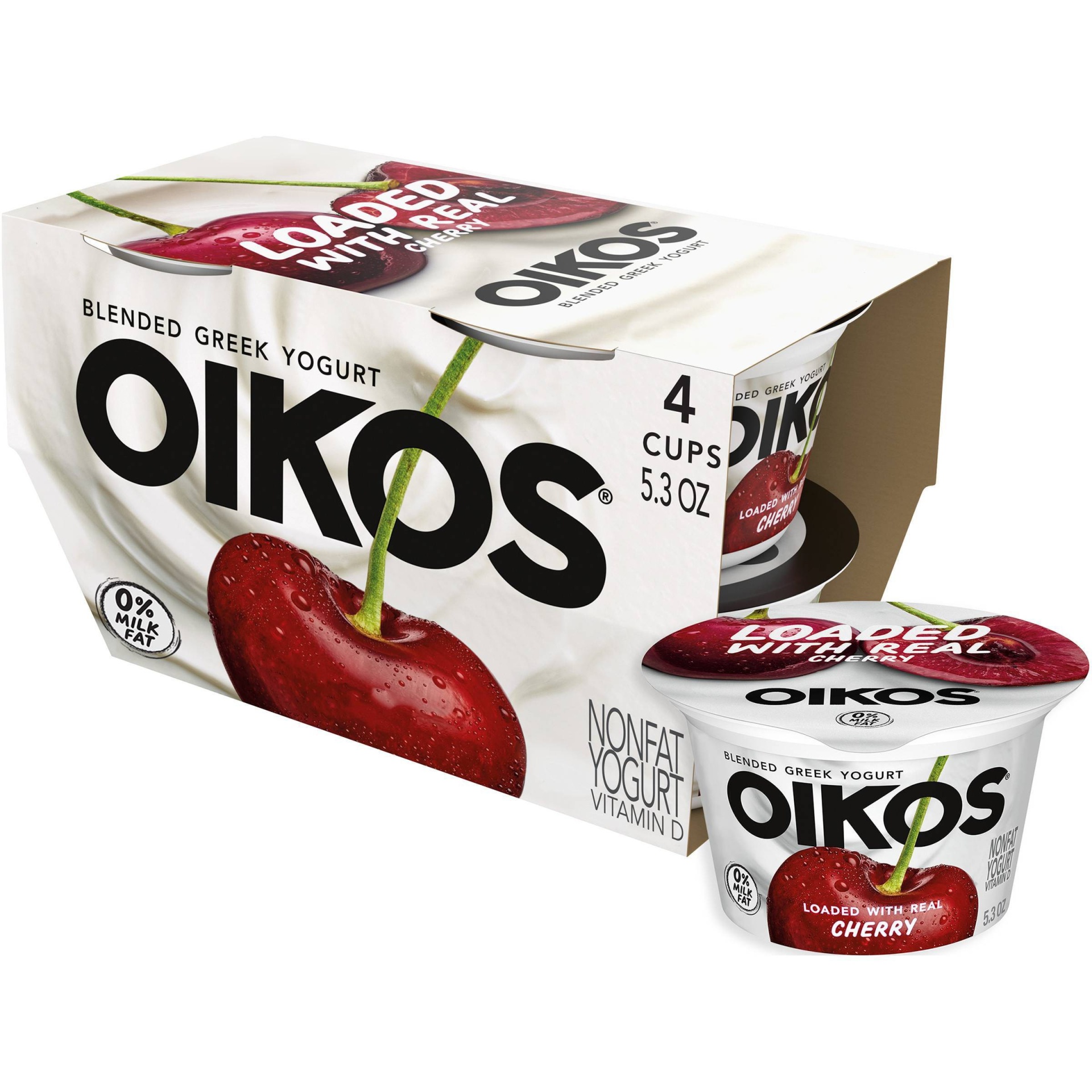 slide 1 of 9, DANNON Oikos Blended Cherry Greek Nonfat Yogurt - 4ct/5.3oz Cups, 4 ct; 5.3 oz