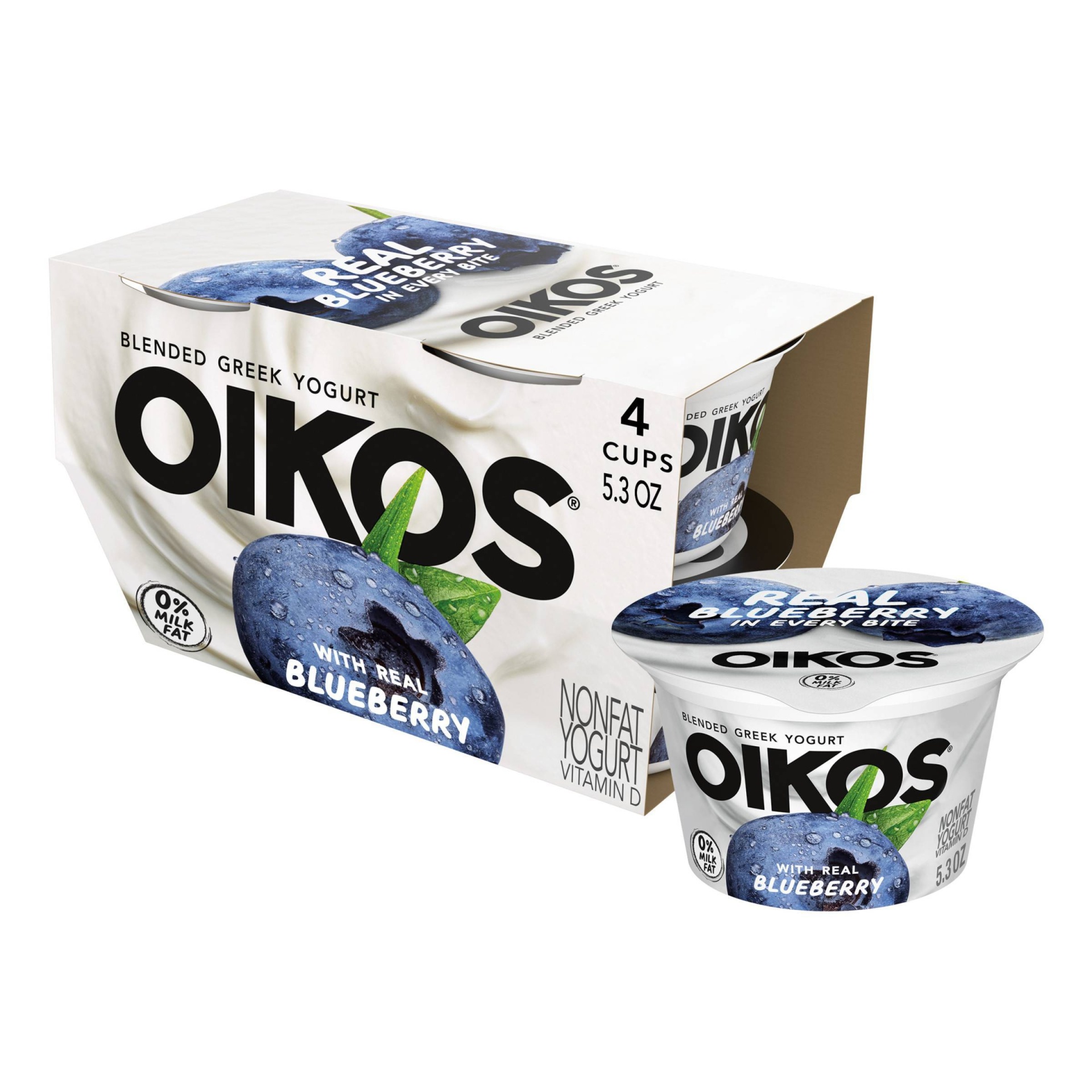 slide 1 of 7, DANNON Oikos Blended Blueberry Greek Nonfat Yogurt - 4ct/5.3oz Cups, 4 ct; 5.3 oz