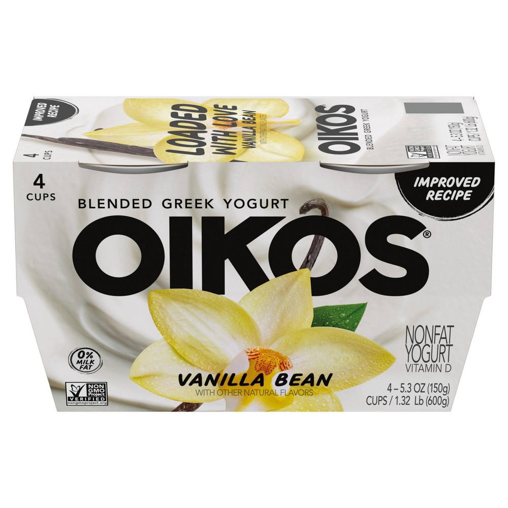 slide 7 of 7, Oikos Blended Vanilla Bean Greek Nonfat Yogurt - 4ct/5.3oz Cups, 4 ct; 5.3 oz