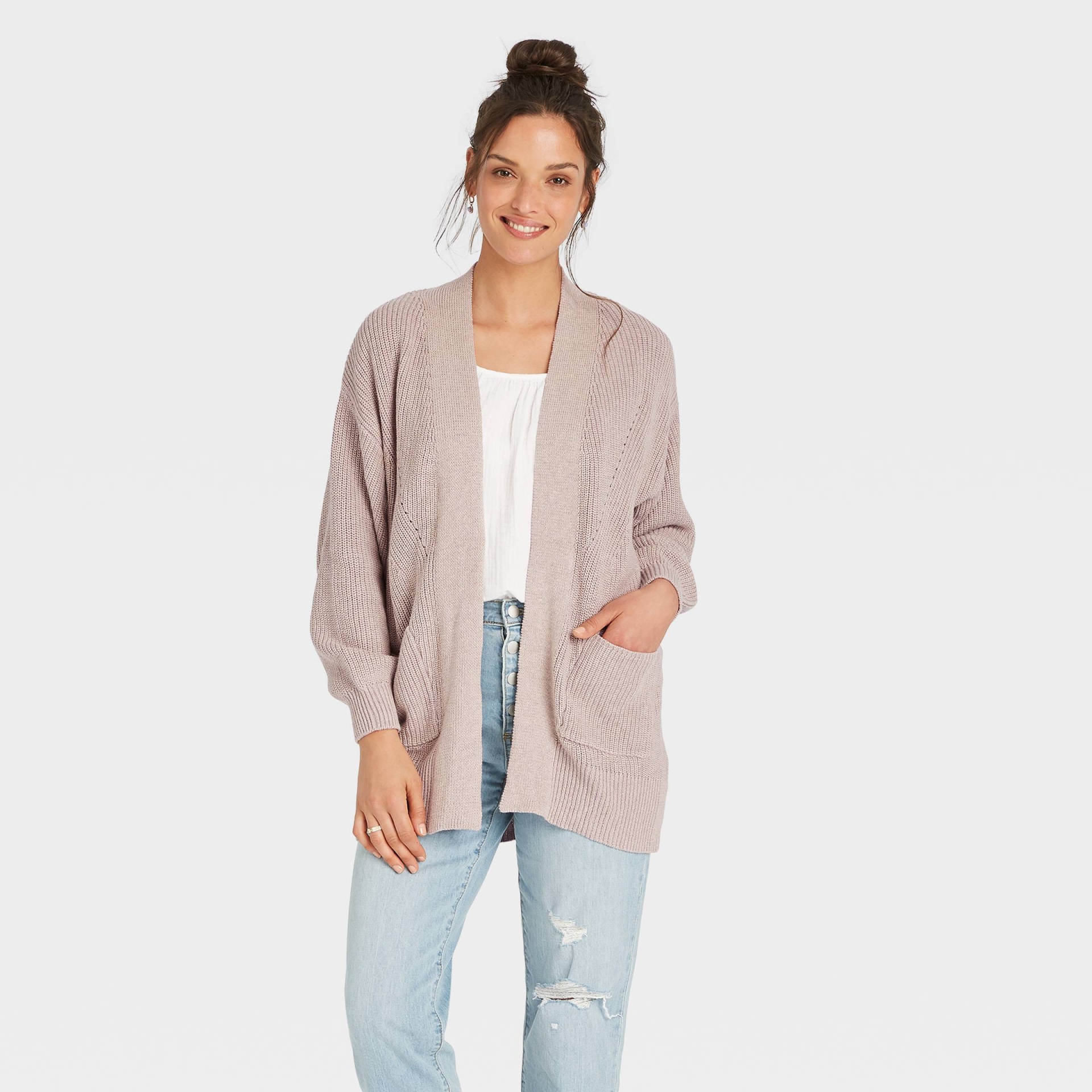 slide 1 of 3, Women's Open-Front Cardigan - Universal Thread Taupe S, 1 ct