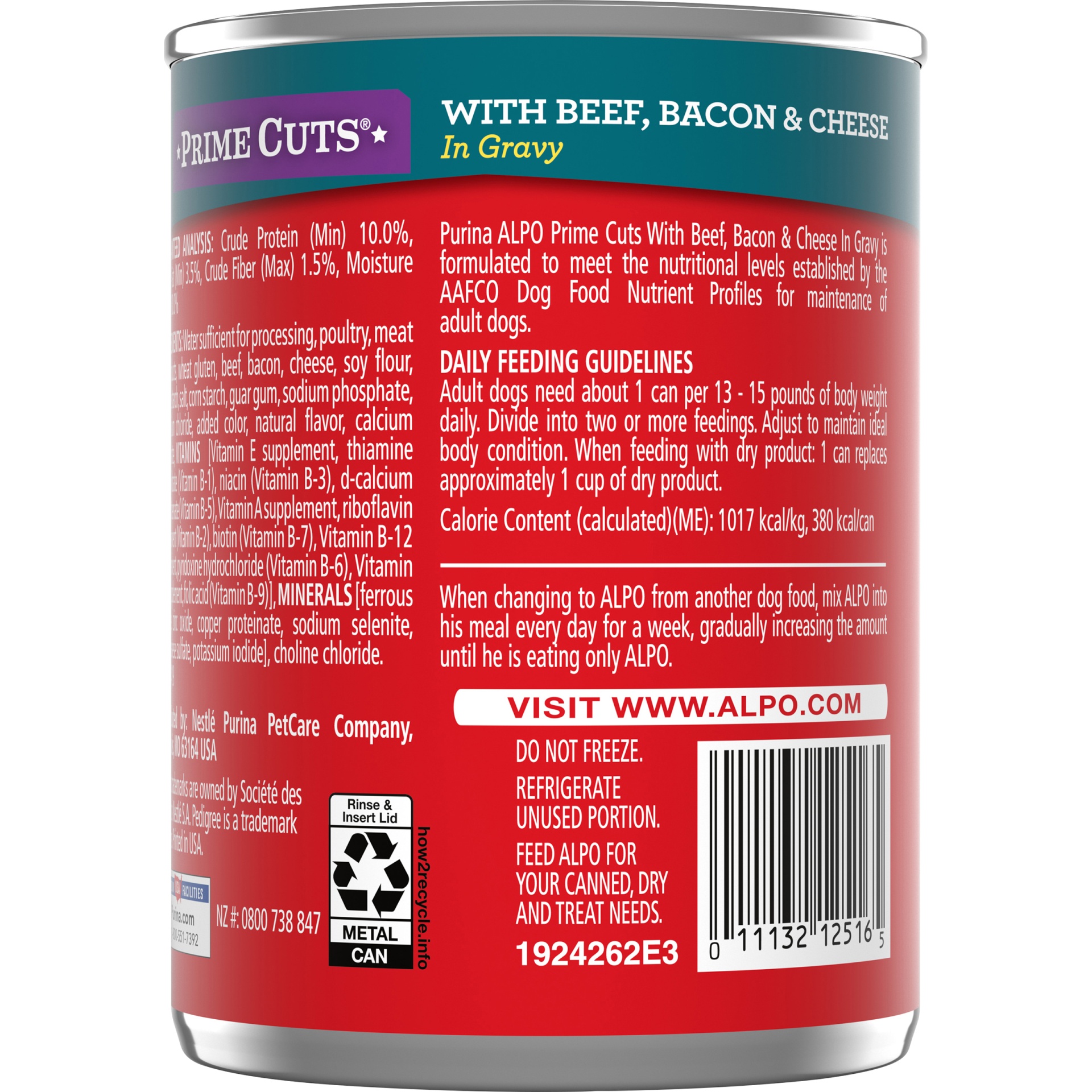 slide 4 of 7, Purina ALPO Prime Cuts Beef, Bacon, & Cheese in Gravy Dog Food, 13.2 oz